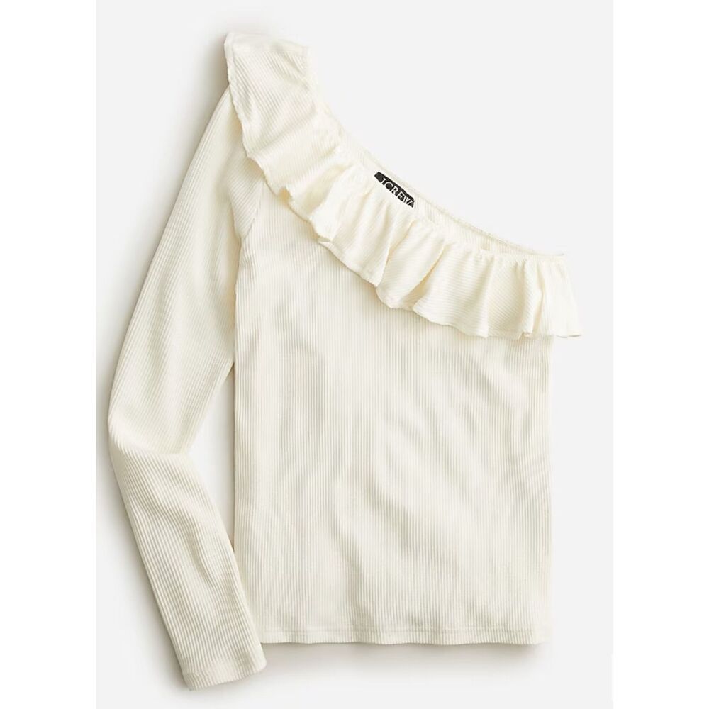 J.Crew Womens Ribbed Ruffled Neck One Shoulder Top Blouse Cream Size‎ Medium NWT